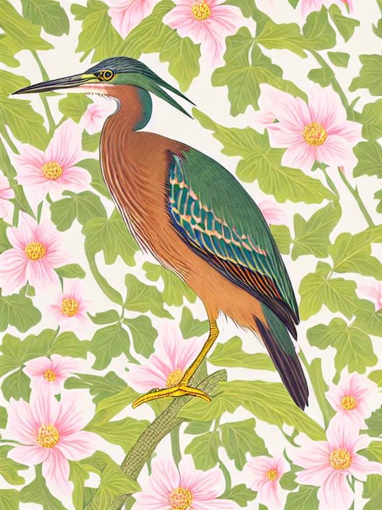 Green Heron William Morris Style Bird