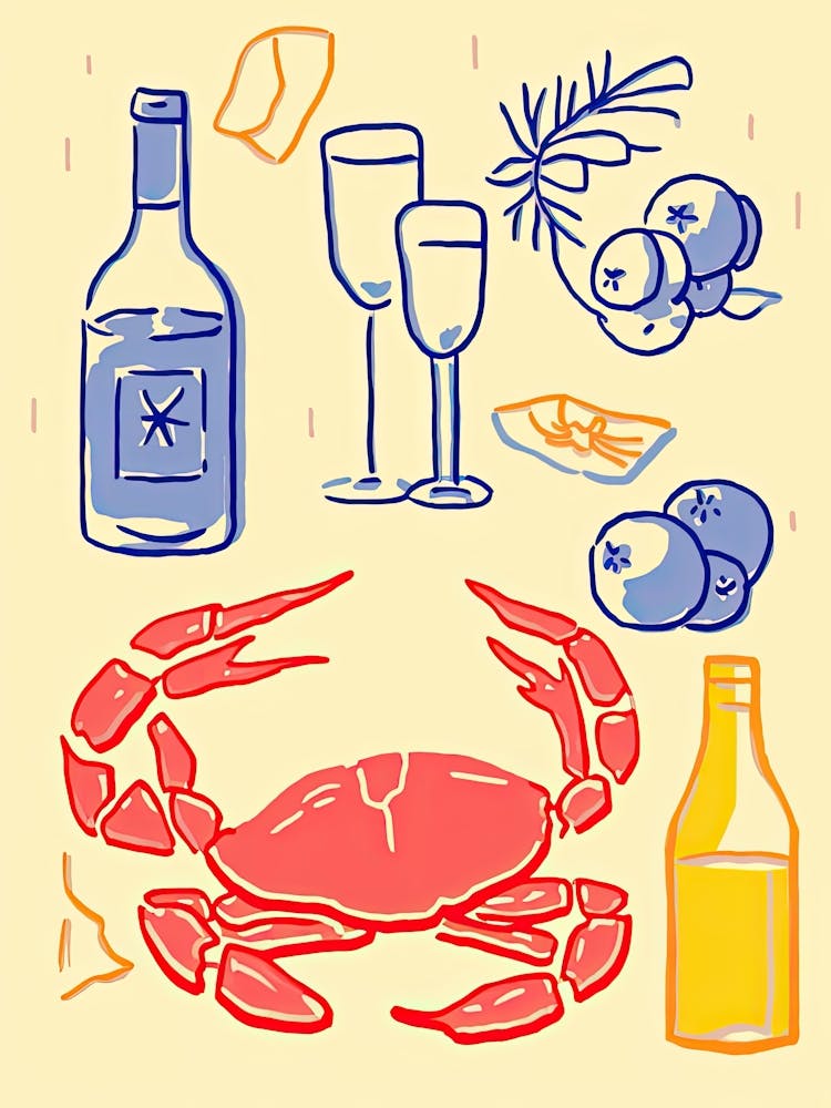 Crab And Wine Kitchen Dinner Illstration