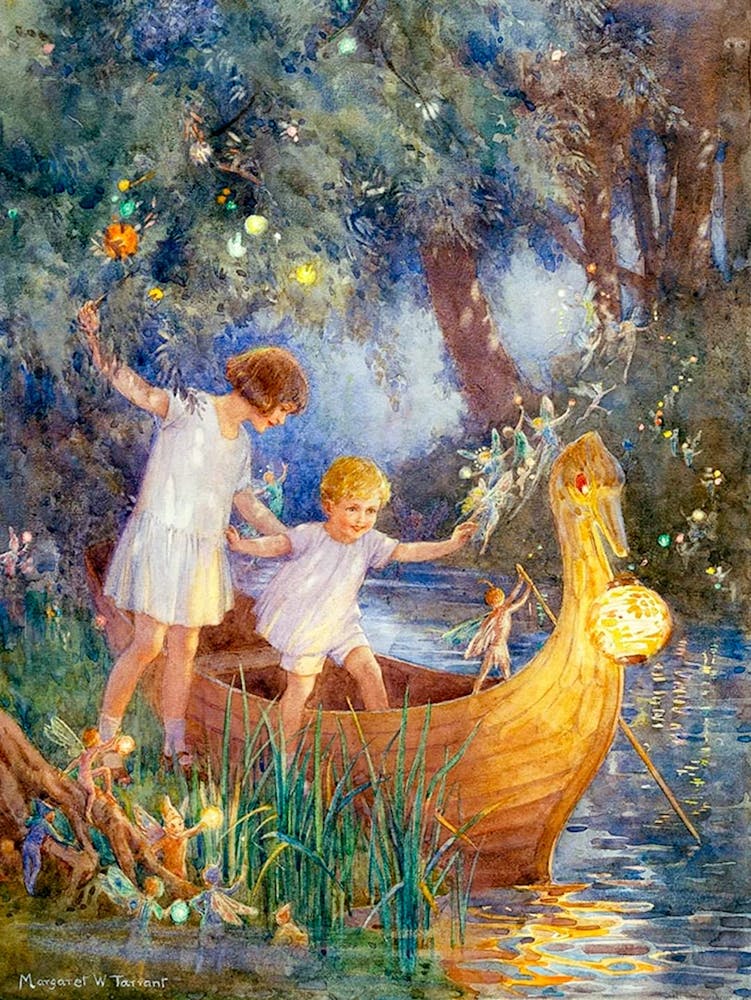 The Boat to Fairyland c1923 by English Illustrator Margaret Tarrant (1988-1959) Fully remastered HD art prints (signed left bottom corner)
