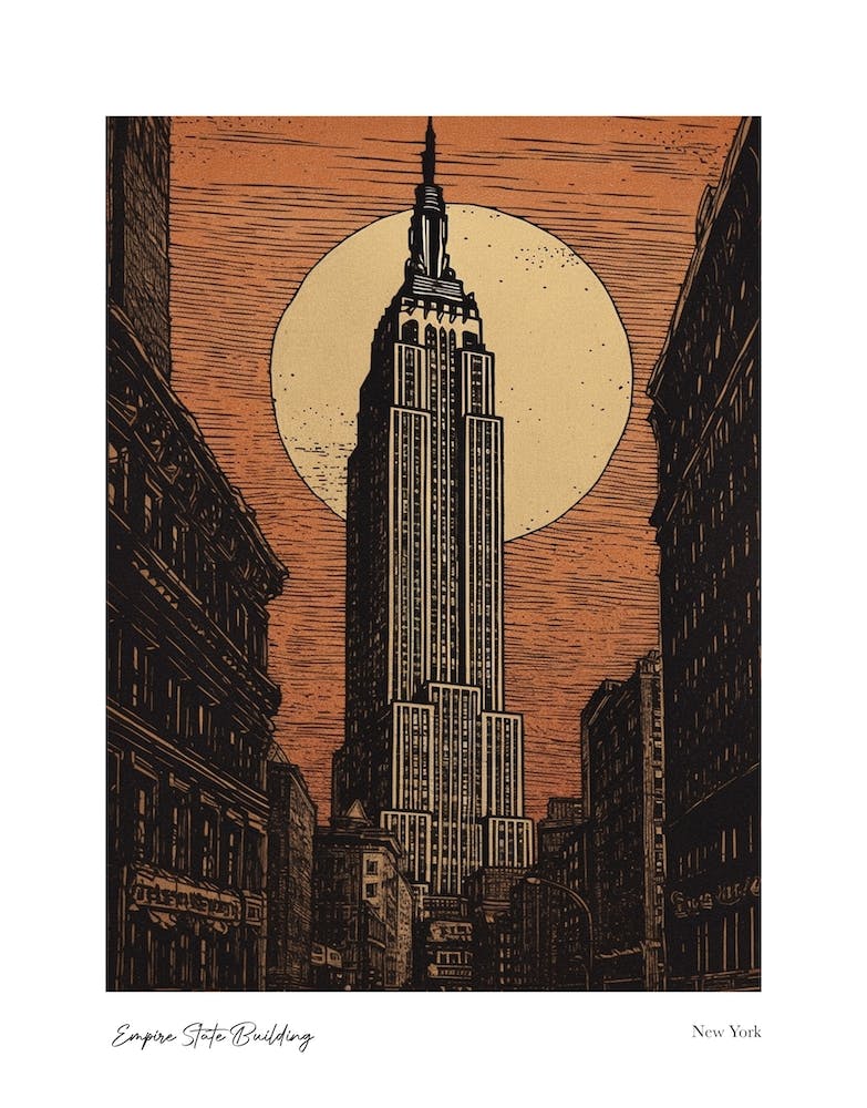 Empire State Building  New York Woodblock 1 Watercolour Travel Poster