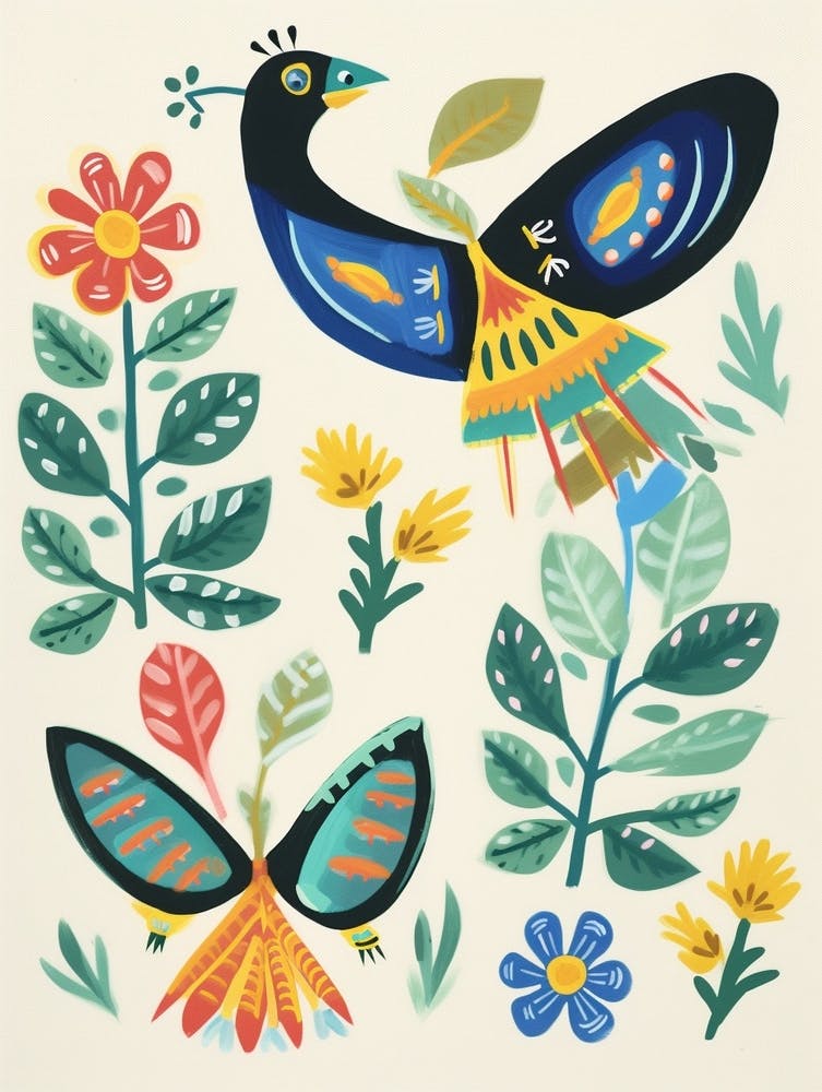 Vogelgemälde im Folk-Stil Pfau 3