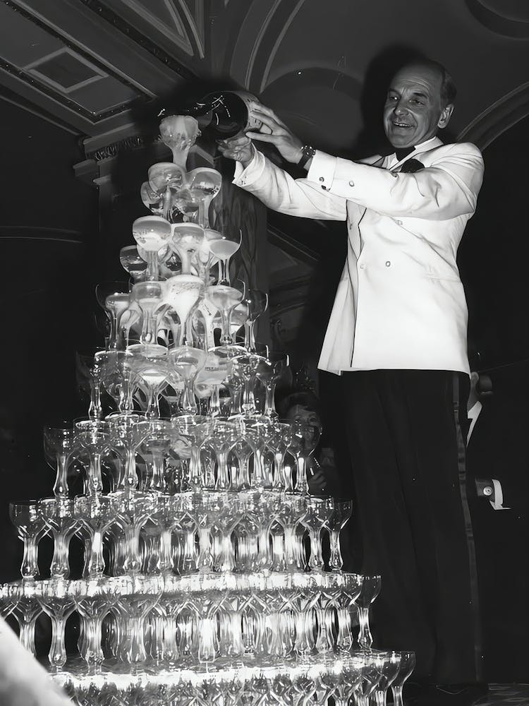 Champagne Tower 1920s Wall Art, Pouring Over Stacked Glasses Black And White Print, Alcohol Poster, Bar Cart Print, Retro Wall Decor