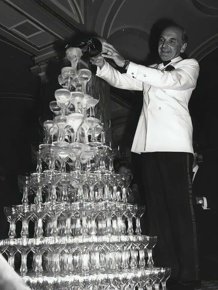 Champagne Tower 1920s Wall Art, Pouring Over Stacked Glasses Black And White Print, Alcohol Poster, Bar Cart Print, Retro Wall Decor