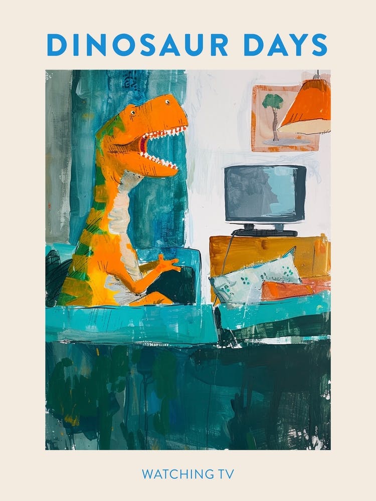 Dinosaur Watching Tv Blue Mustard Poster 1