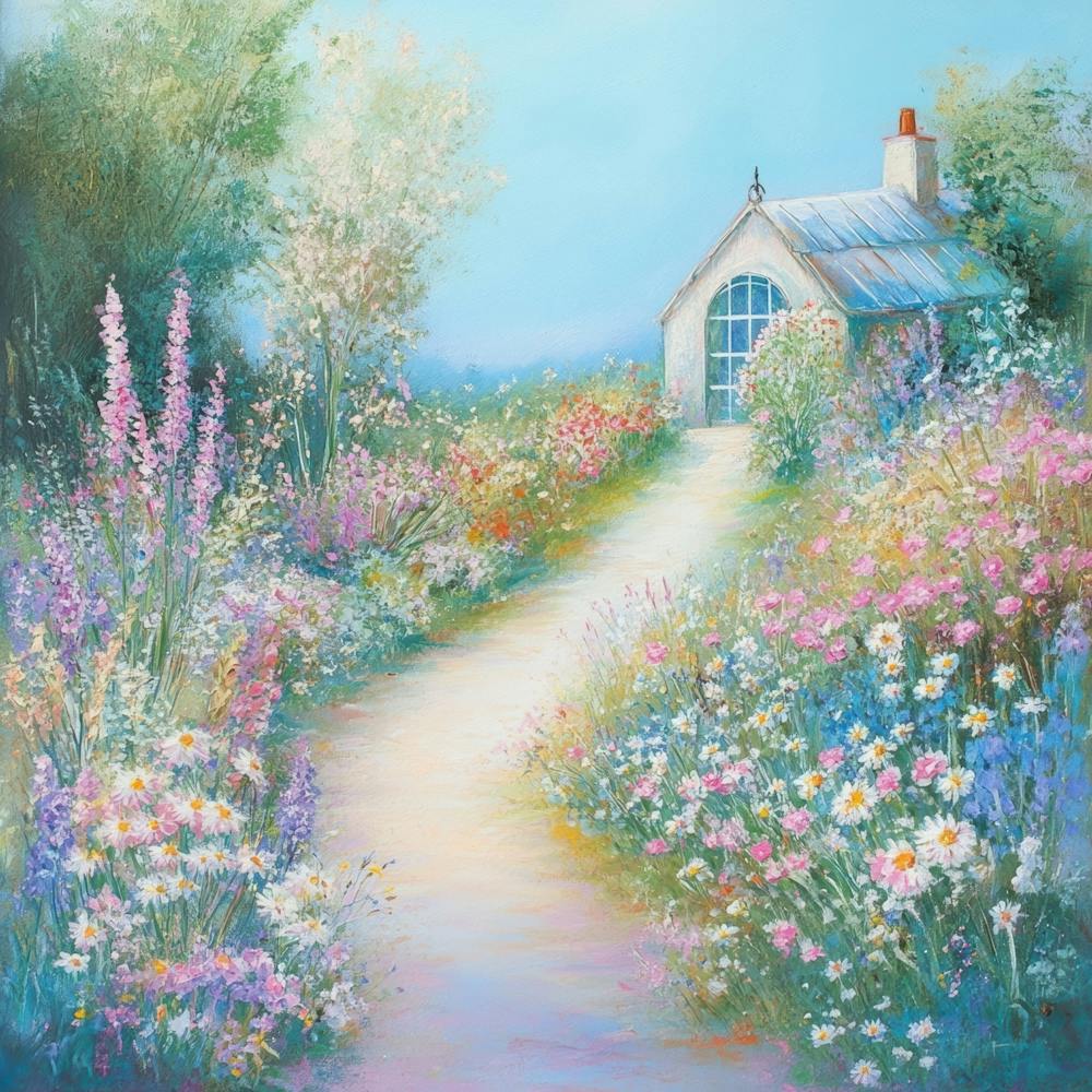 french garden scene with blooming flowers 4