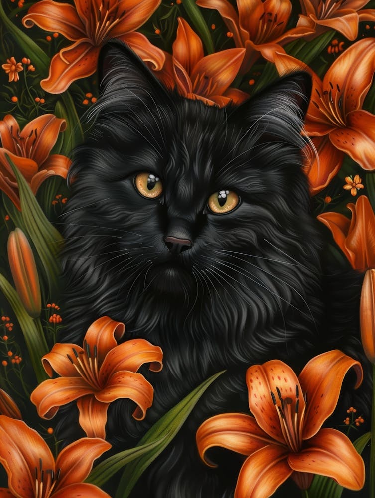 Black Cat With Orange Lilies