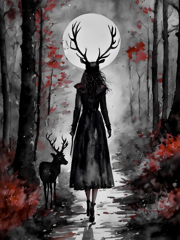 Guardian Witch of the Darkling Woods ~ Witchy Gothic Deer Forest Spooky Fairytale Watercolour 
