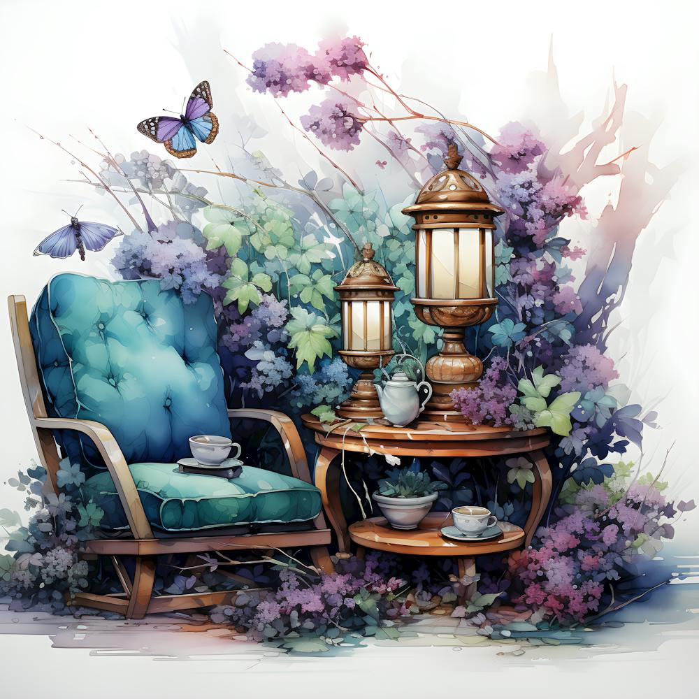 Tranquil Garden Retreat – Cozy Chair & Lantern Still Life