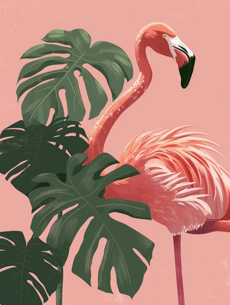 Jamess Flamingo And Monstera Deliciosa Boho Print 2