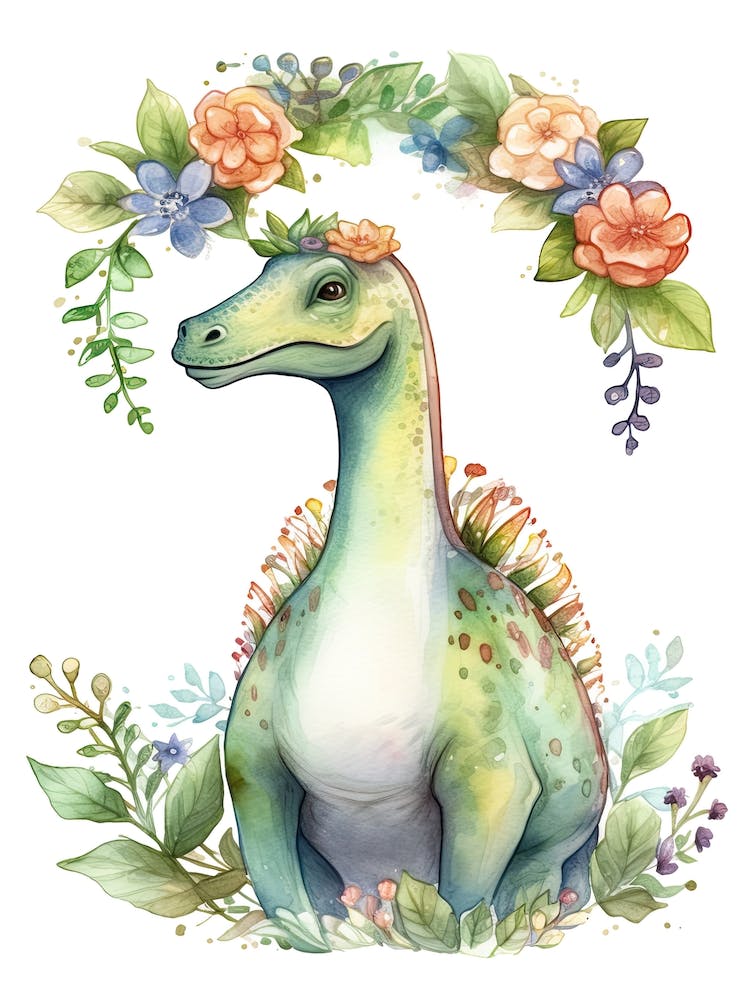 Brachiosaurus With A Crown Of Flowers Cute Dinosaur Watercolour 4