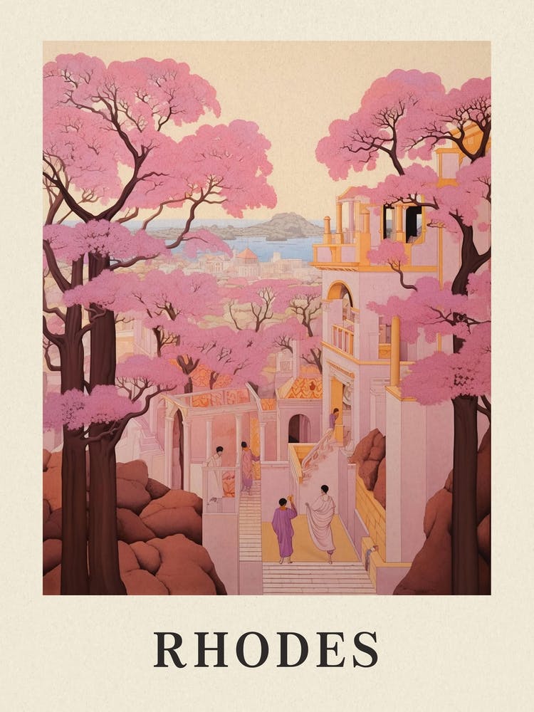 Rhodes Greece 2 Vintage Pink Travel Illustration Poster