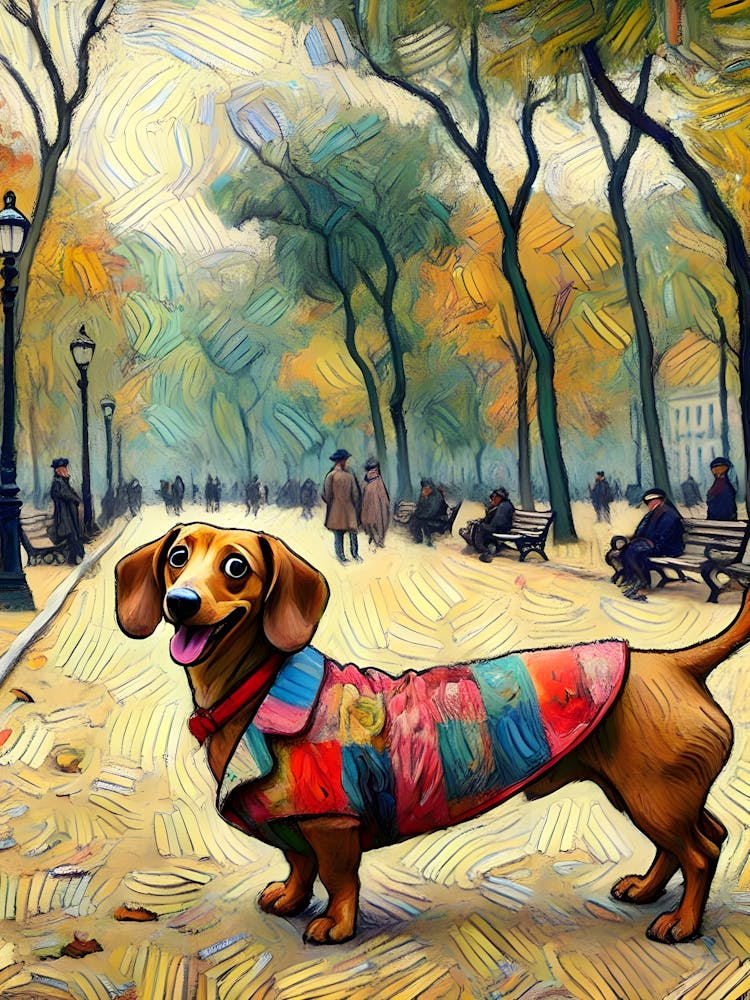 Cheerful Dachshund in a Patchwork Coat in Autumn