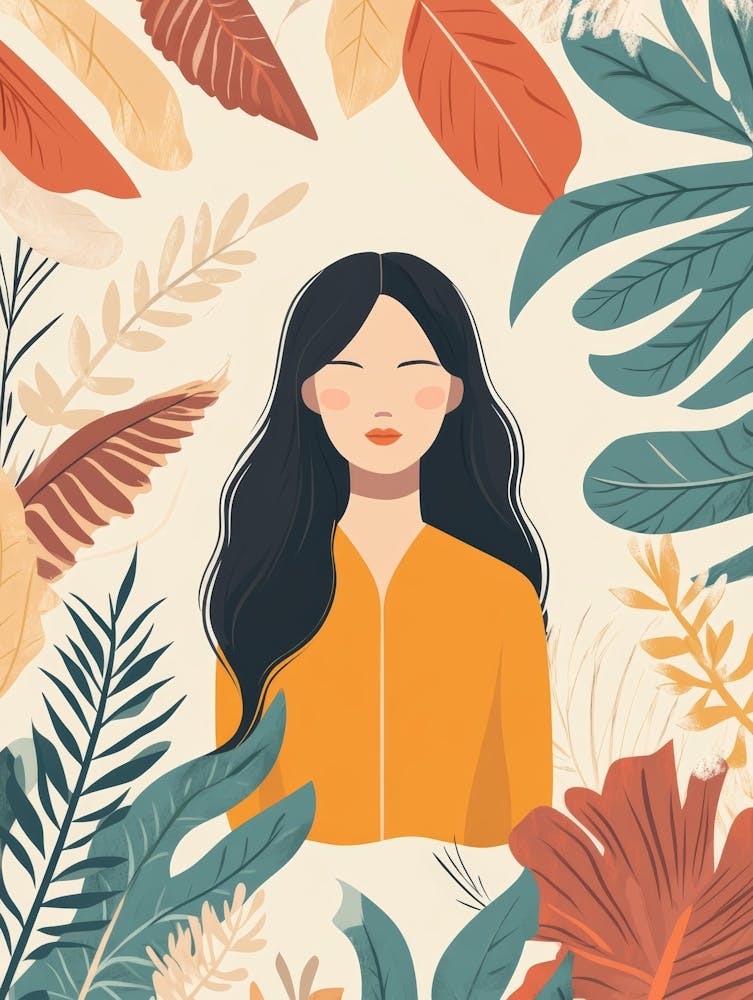 Illustration Of A Woman Surrounded By Leaves