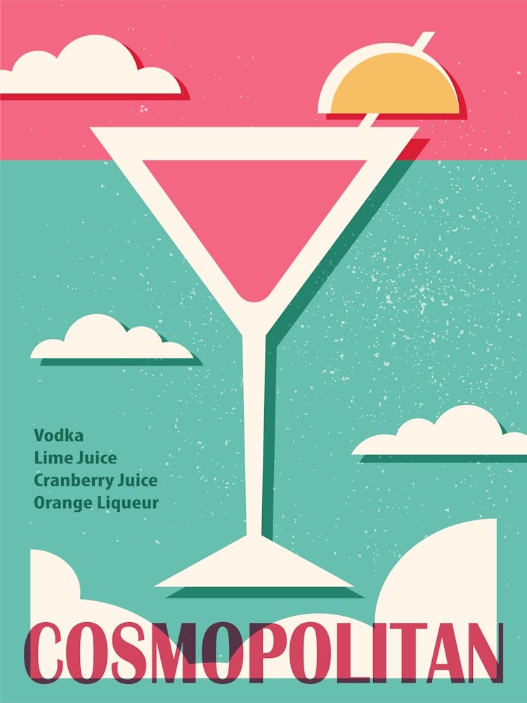 Cosmopolitan alcohol poster, Cocktail art, Retro 70s