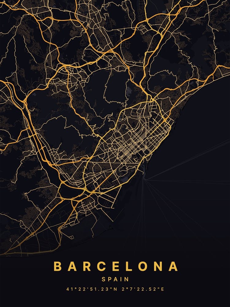Barcelona Spain Black And Gold Map