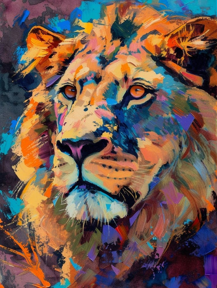 Asiatic Lion Portrait Close Up Fauvist Painting 4