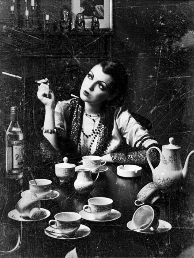 Vintage Witch - Smoking, Drinking Tea and Gazing Dreamily- La Belle Otero 1920s Art Deco Victorian Remastered Witchy Moon Goddess Fairytale Retro Cool Photograph Tasseomancy Psychic Fortune Teller Gypsy Style 1