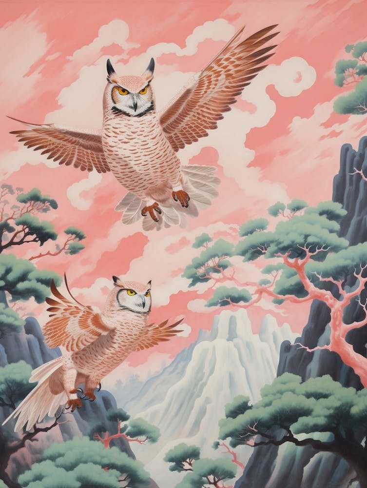Vintage Japanese Inspired Bird Print Great Horned Owl 2