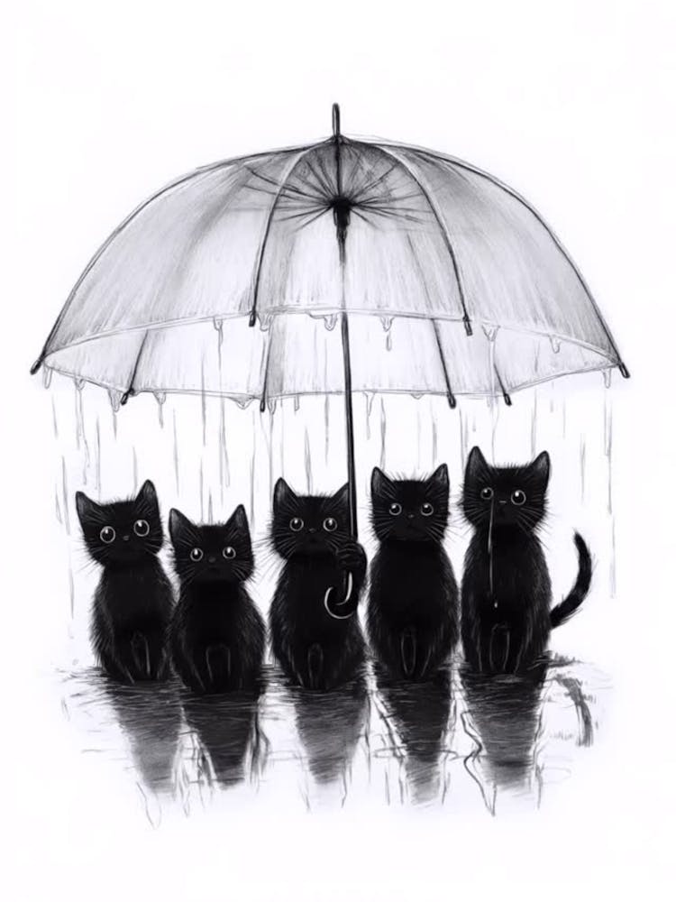 Black Cats Under Umbrella