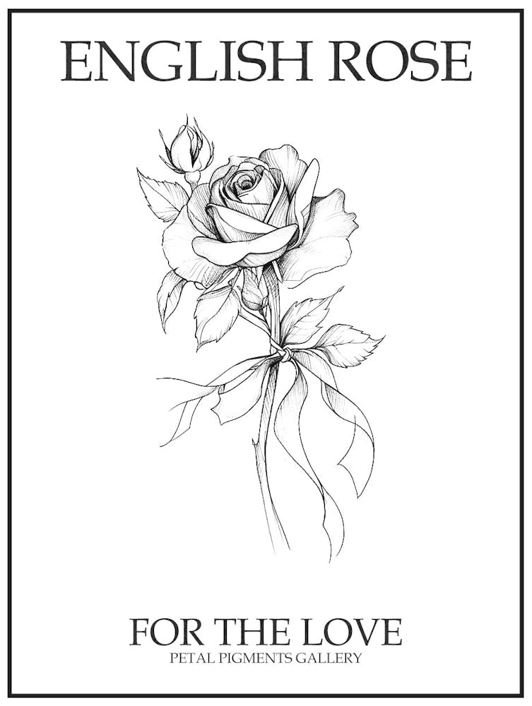 English Rose Black And White Line Drawing 23 Poster