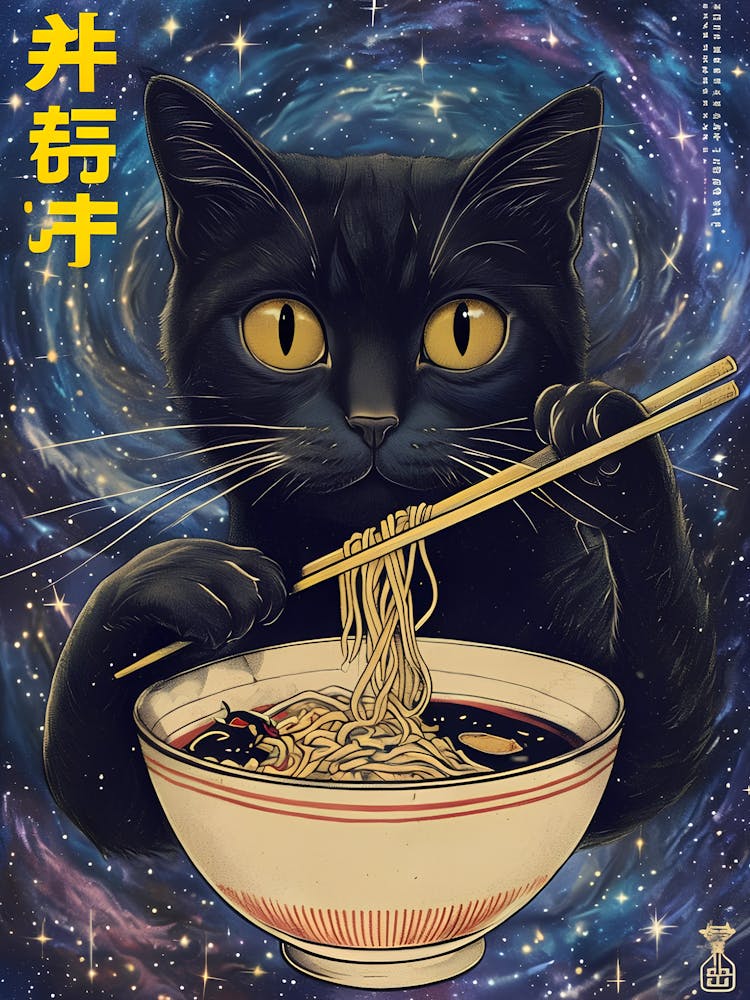 Black Cat With Chopsticks And Noodles