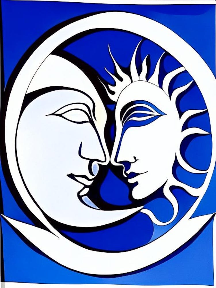 Sun And Moon 1 Symbol Blue And White Line Drawing