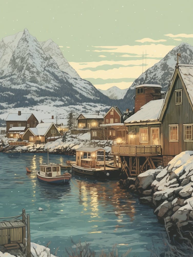 Vintage Winter Illustration Lofoten Islands Norway 3