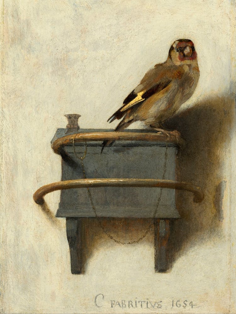 The Goldfinch 1654 Famous Antique Artwork by Carel Fabritius ~ In 1654, a gunpowder explosion in Delft killed Carel Fabritius and destroyed much of his work. Only a few paintings survived, including The Goldfinch, which has since become a celebrated maste
