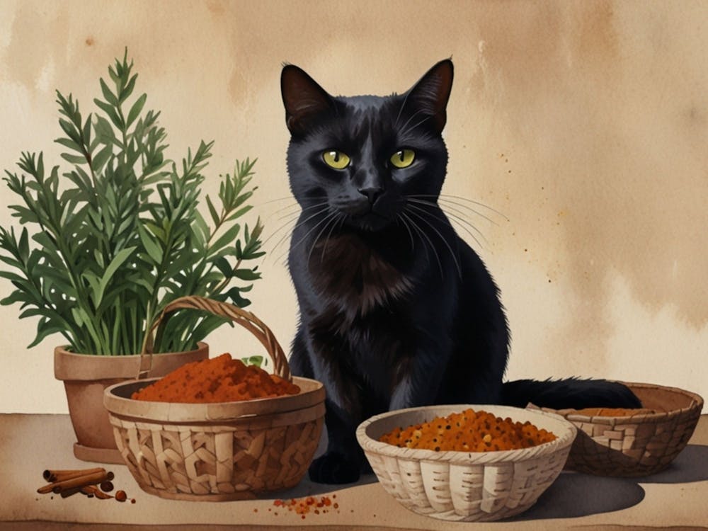 Schwarze Katze mit Gewürzen