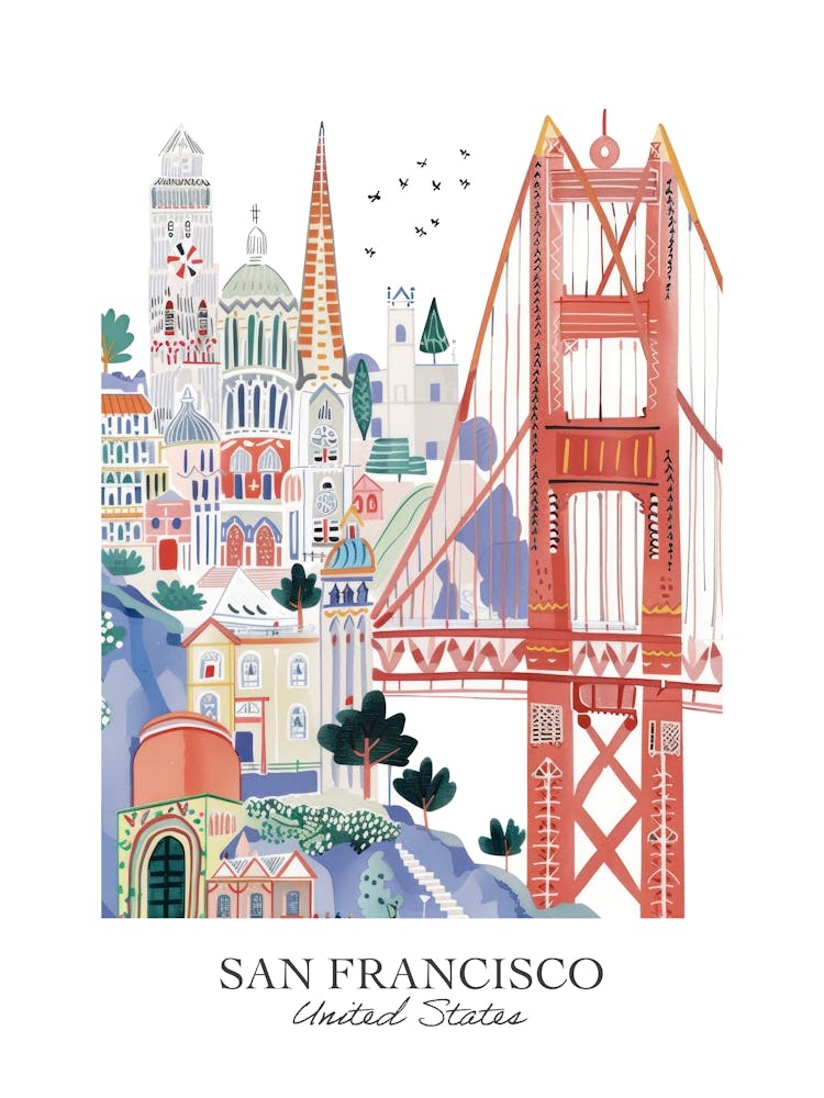 San Francisco Vereinigte Staaten Gouache Reiseillustration