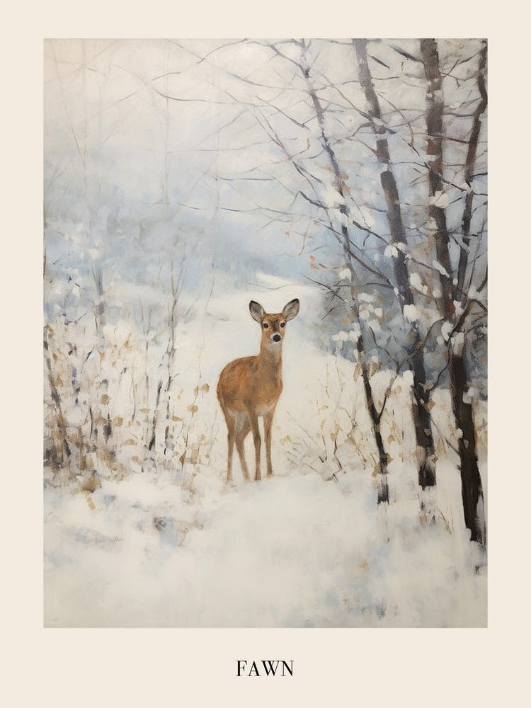 Vintage Winter Animal Painting Poster Fawn