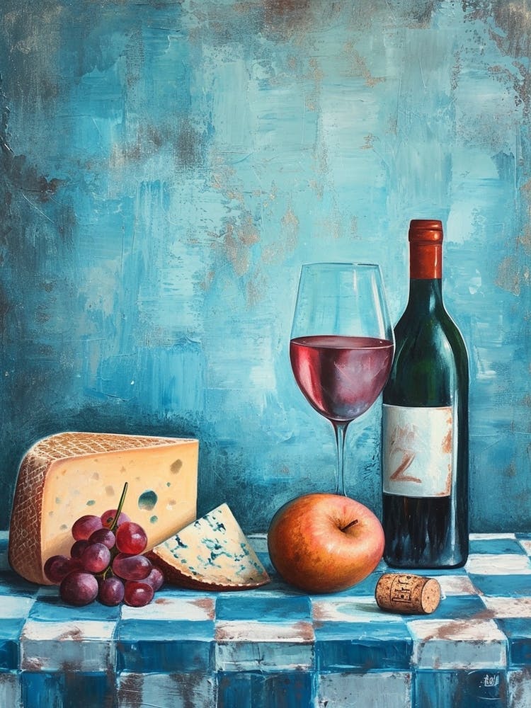 Wine Cheese & Grapes Blue Checkerboard 4