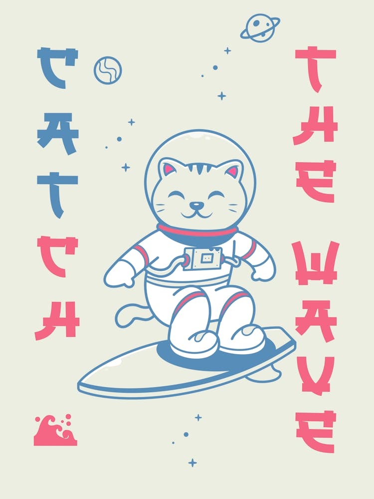 Catch the wave, space cat surfer — Retrowave poster, space poster, anime print, manga poster