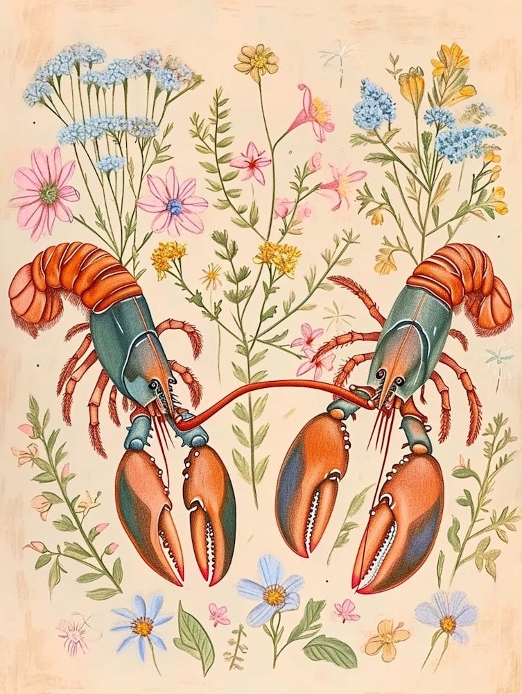 Folksy Floral Animal Drawing Lobster 2