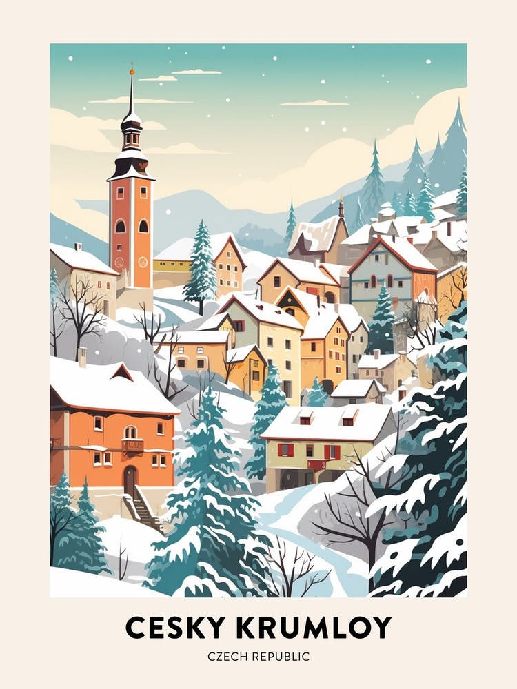 Vintage Winter Travel Poster Cesky Krumloy Czechia 1