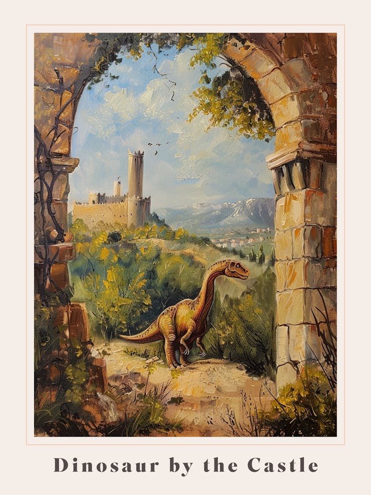 Dinosaur By The Castle Painting Poster