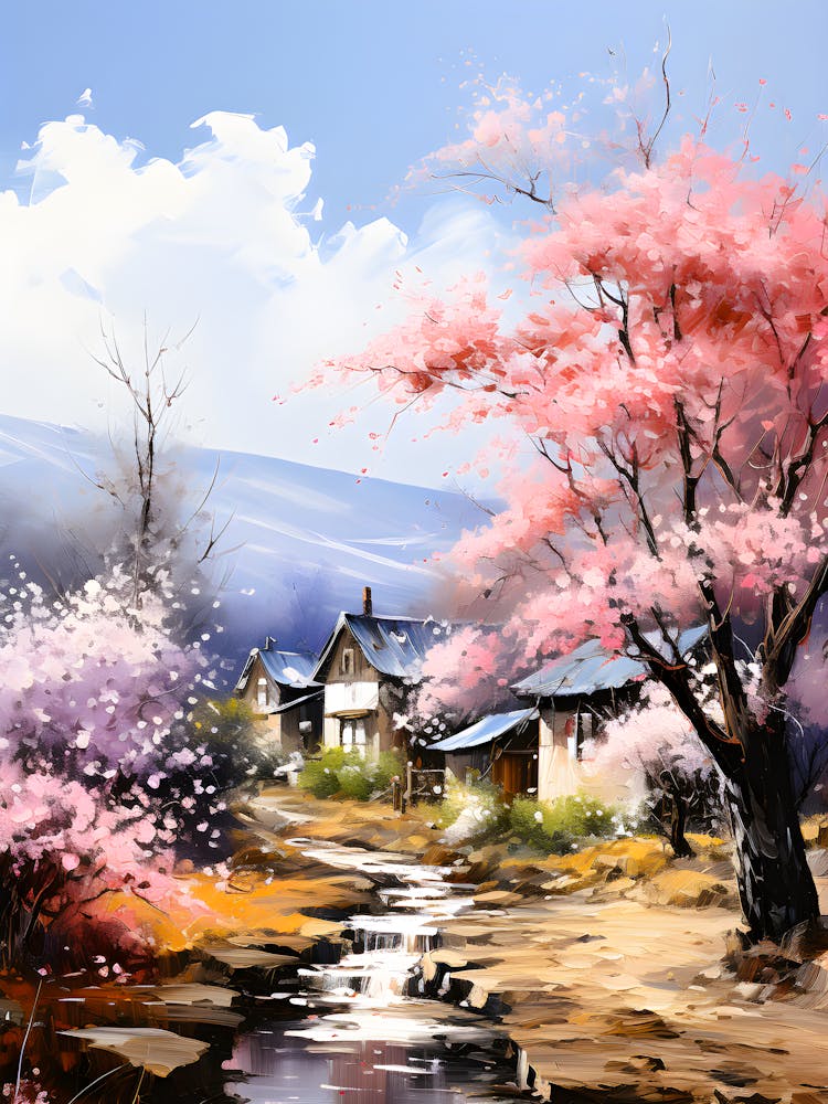 Serene Rural Artwork – Golden Autumn Tree & Charming Country House