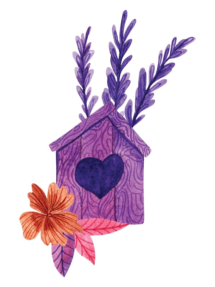 Watercolor Birdhouse with lavender flowers