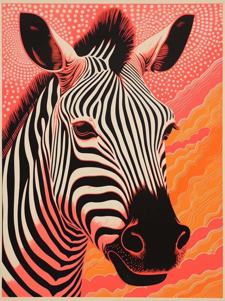 Zebra Pink & Orange Linocut Inspired Portrait