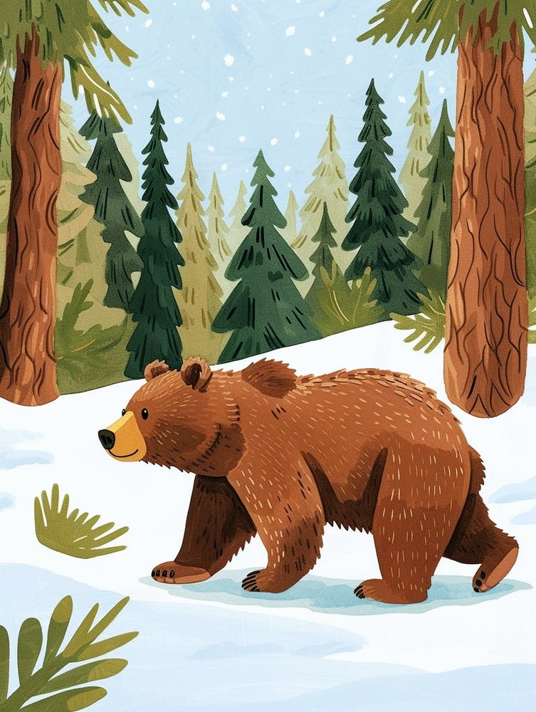 Brown Bear Walking Through A Snow Covered Forest Storybook Illustration 6