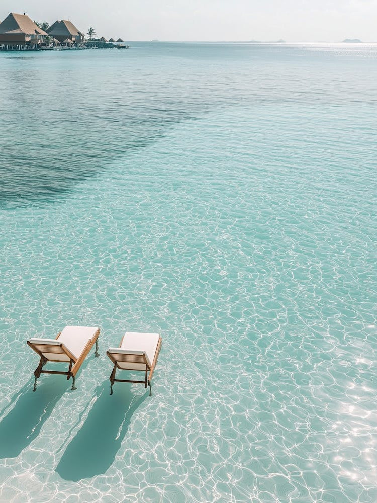Beach Chairs Sitting On Clear Blue Water