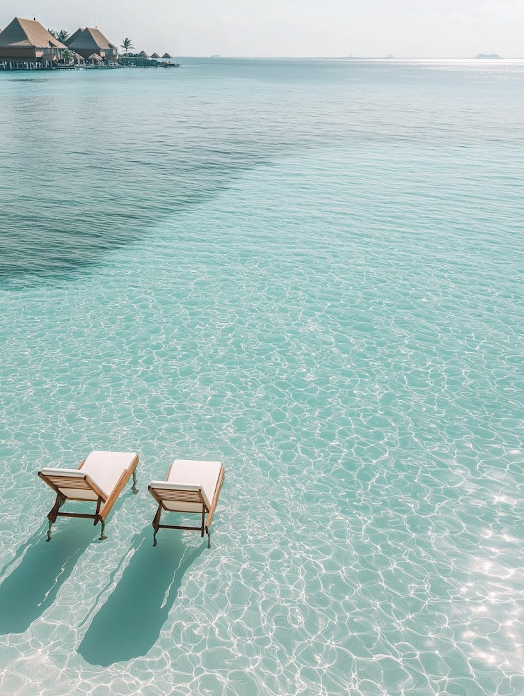 Beach Chairs Sitting On Clear Blue Water