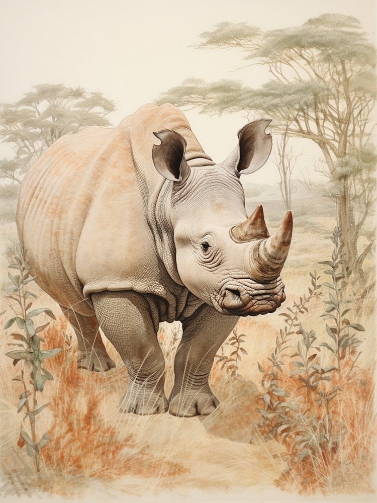 Rhino Walking Through Nature Vintage Illustration 2