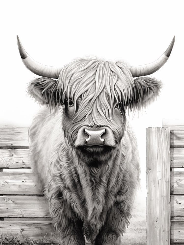 Black & White Illustration Of Highland Cow In Front Of Wooden Fence
