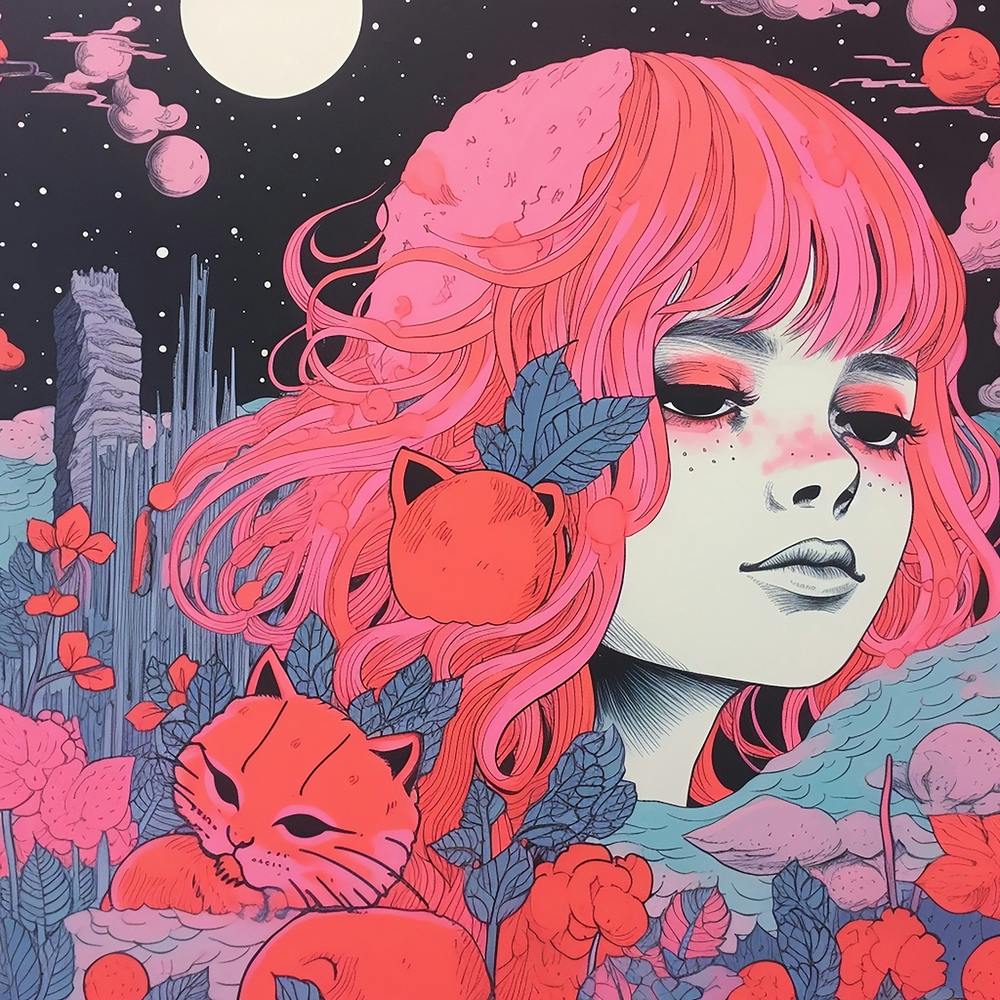 Ätherisches Mädchen Surrealer Risographie-Illustration, Bubblegum Farben 3, Katzen & Träume