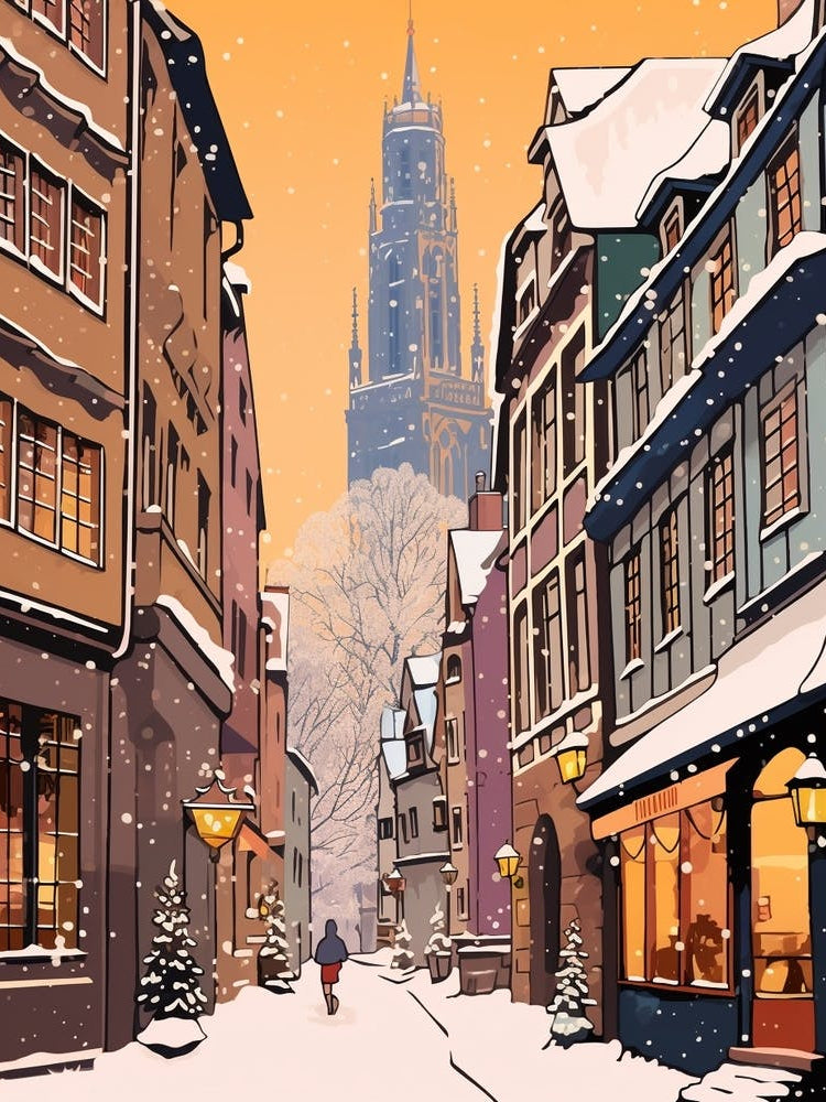 Vintage Winter Travel Illustration Strasbourg France 1
