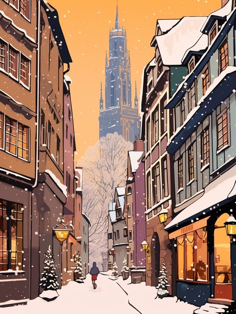 Vintage Winter Travel Illustration Strasbourg France 1