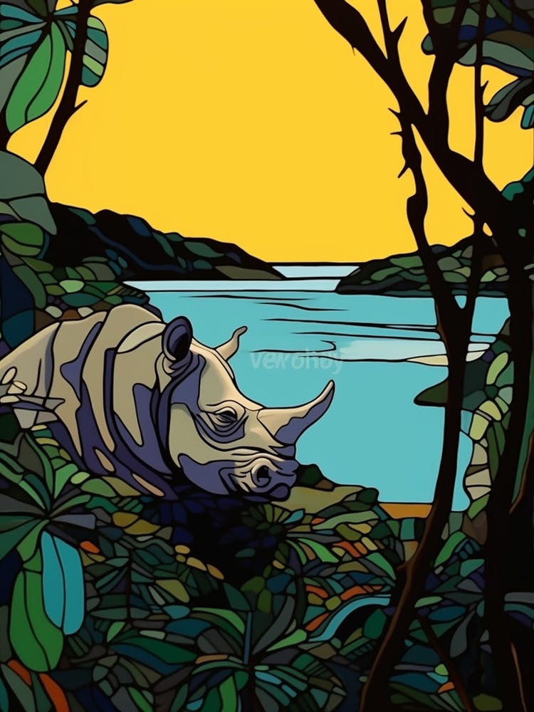 Rhino Relaxing In The Bushes Simple Illustration 3