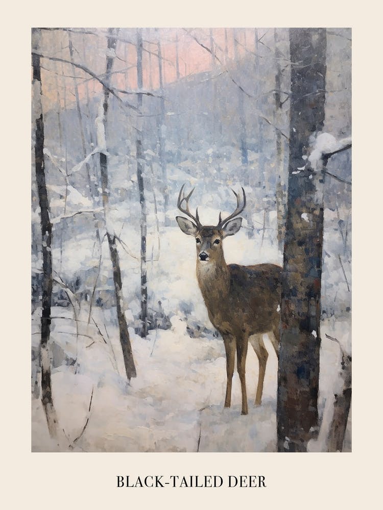 Vintage Winter Animal Painting Poster Black Tailed Deer 2