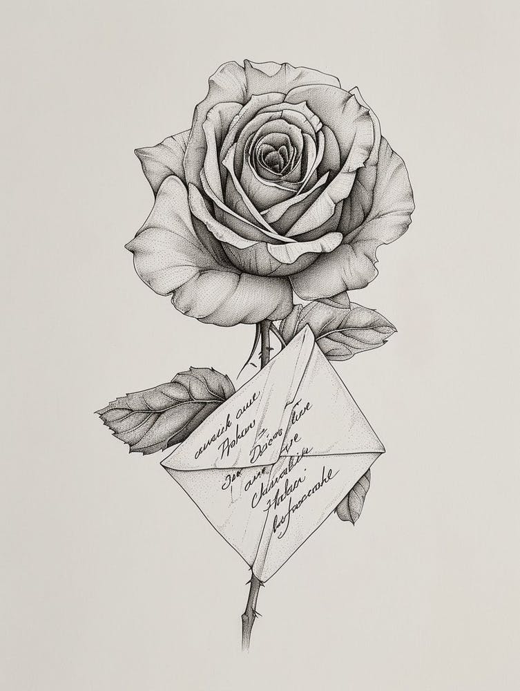 English Rose Love Letter Line Drawing 3